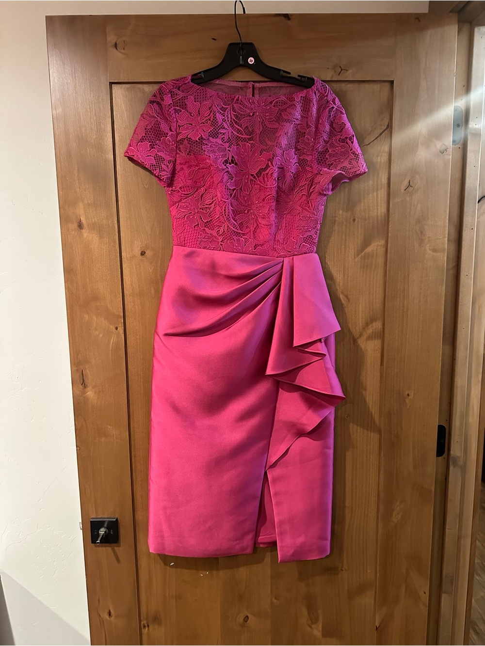 Theia Hot Pink Lace Bodice Satin Midi Dress with Cascade Ruffle